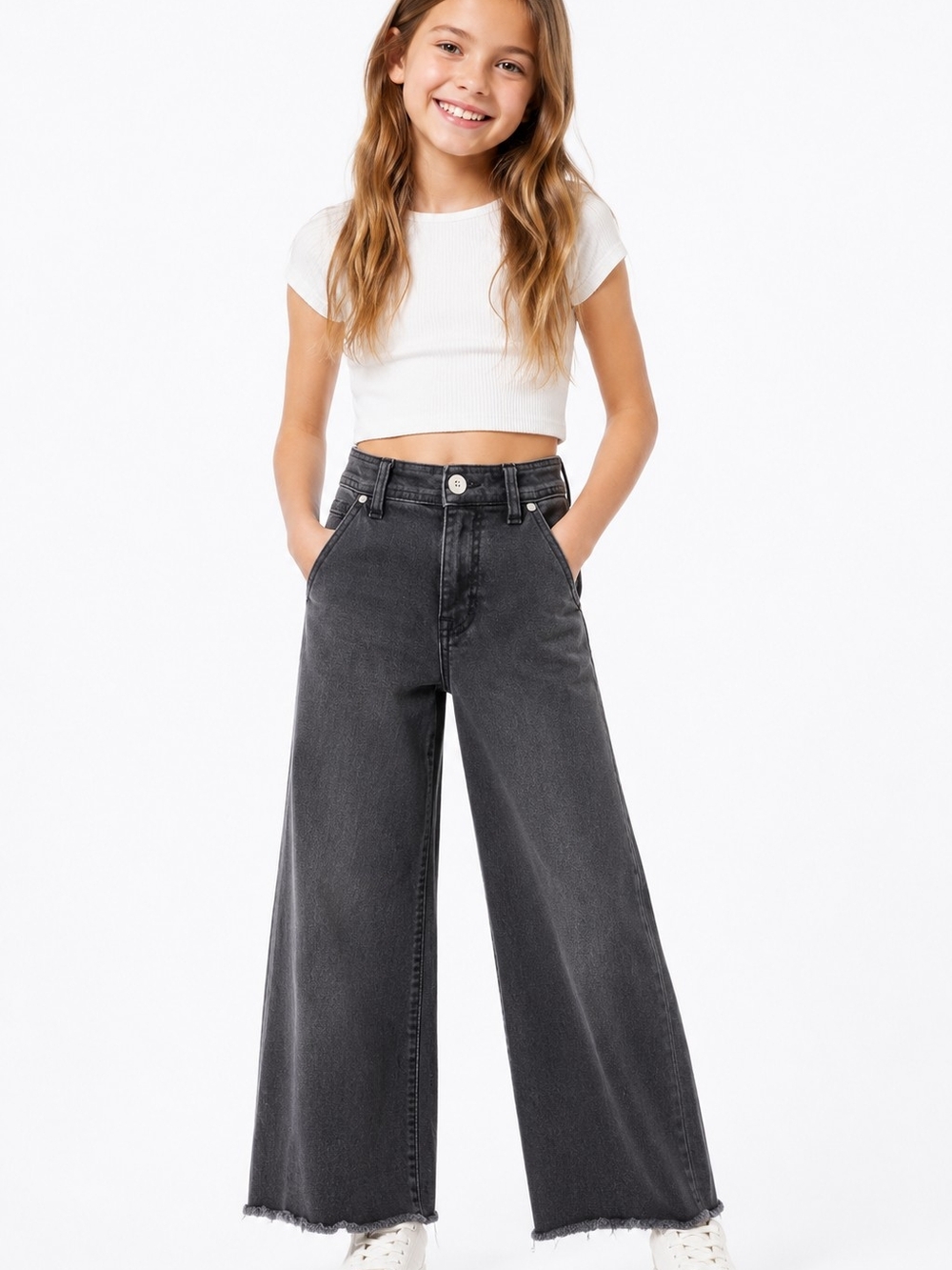 Zara Girls Size 6 Black Wide Leg High Rise Raw Hem Jeans back to school